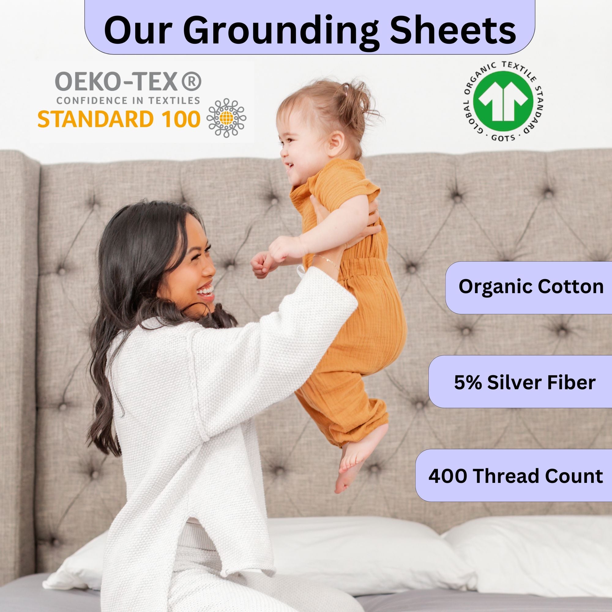 LuxoriaHaus Fitted Grounding Sheets: 5% Silver Fiber, Certified Organic Cotton, 400TC, Deep 15" Pocket