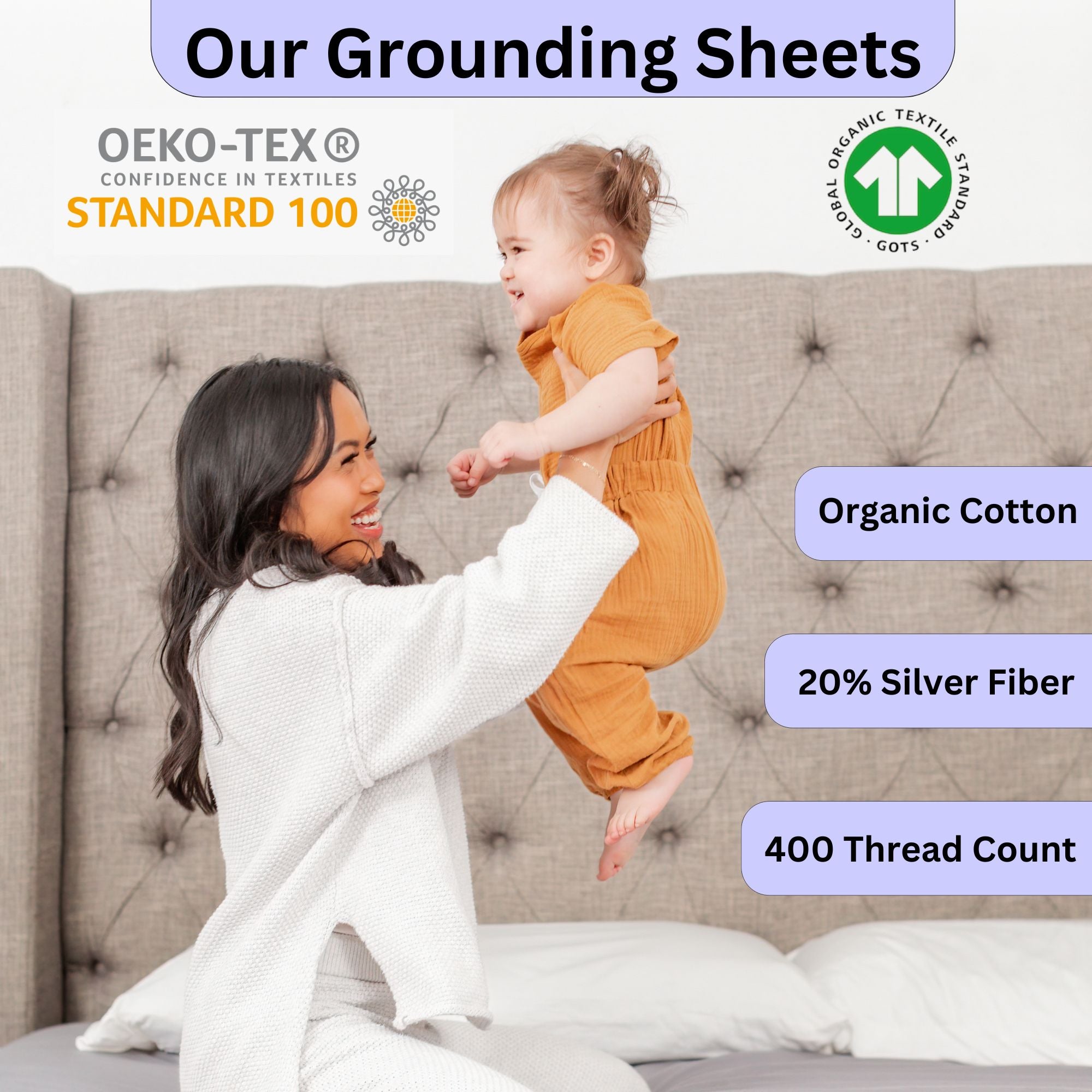 LuxoriaHaus Fitted Grounding Sheets: 20% Silver Fiber, Certified Organic Cotton, 400TC, Deep 15" Pocket